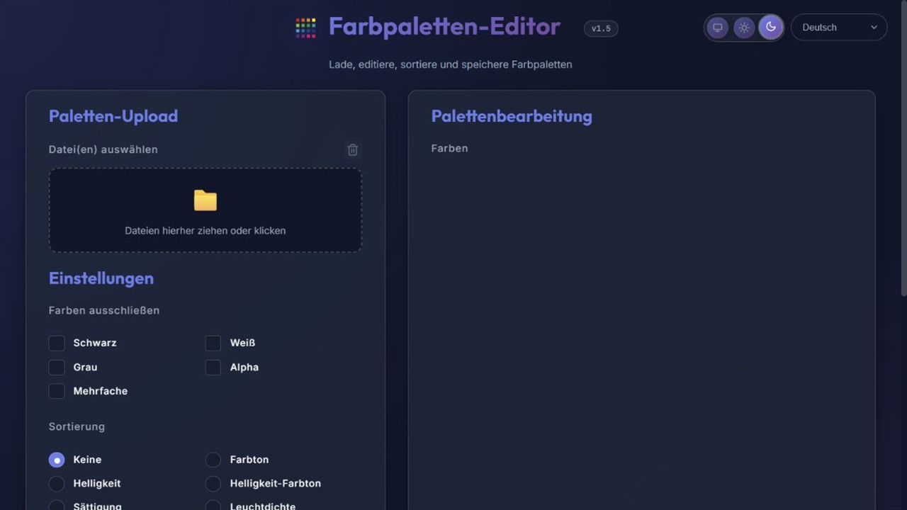 Farbpaletten-Editor mit Upload, Sortiereinstellungen und Arbeitsbereich für die Palettenbearbeitung.