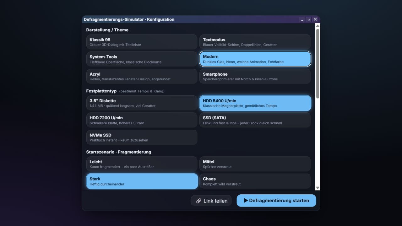 Defragmentierungs-Simulator im klassischen Stil mit Theme-, Festplattentyp- und Fragmentierungsoptionen.