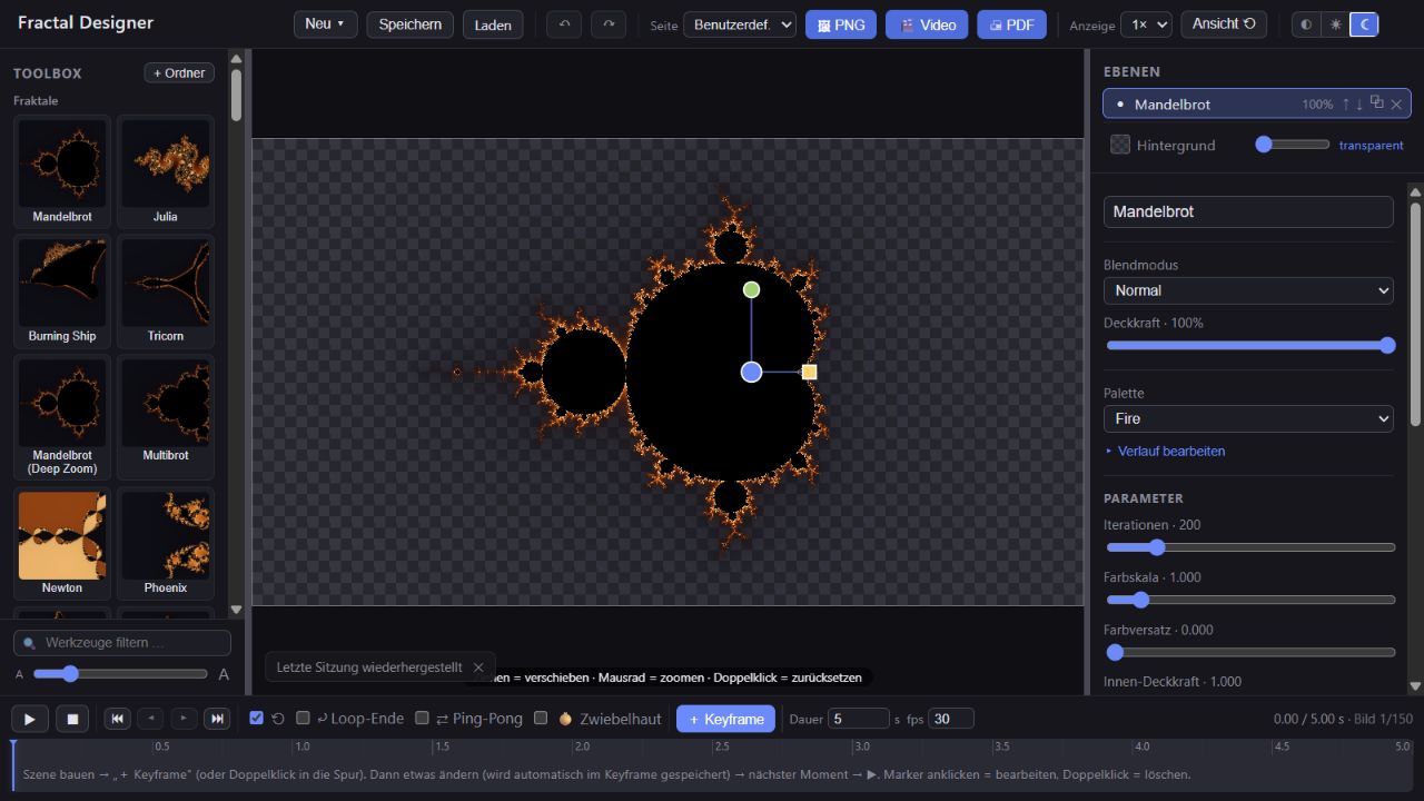 Fractal Designer mit Mandelbrot-Motiv, Fraktalwerkzeugen, Ebenen und Parameterreglern.