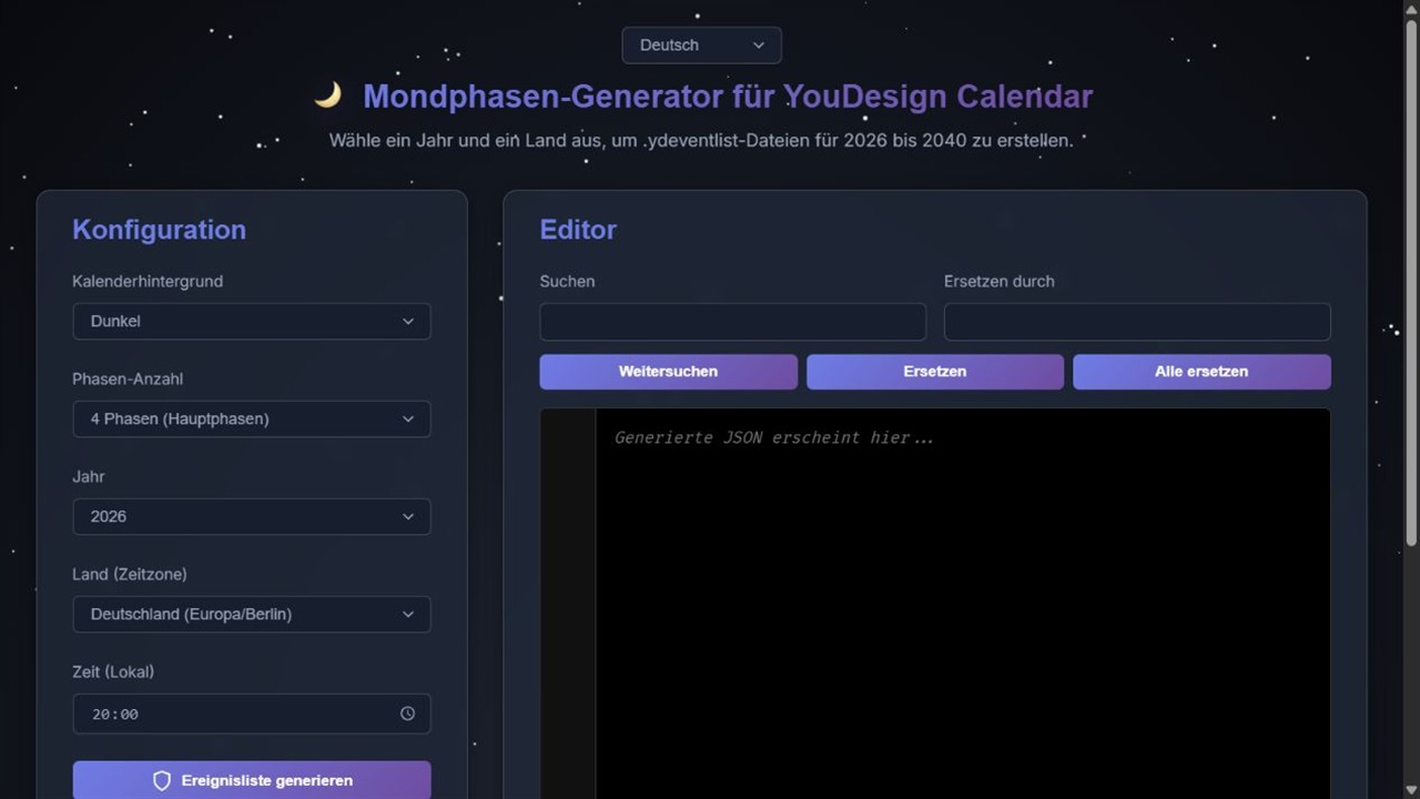Moon Phase Generator with year and time-zone settings beside the event list editor.
