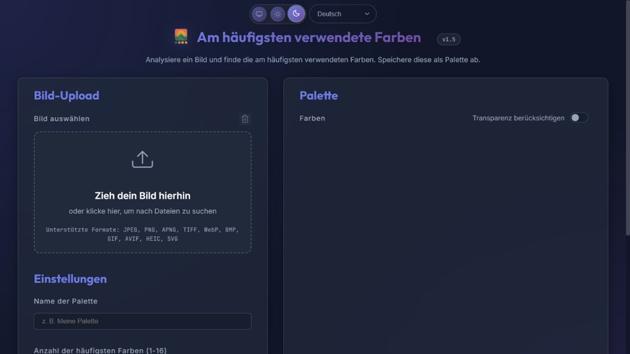 Oberfläche zur Bildauswahl und Ausgabe der am häufigsten verwendeten Farben als Palette.
