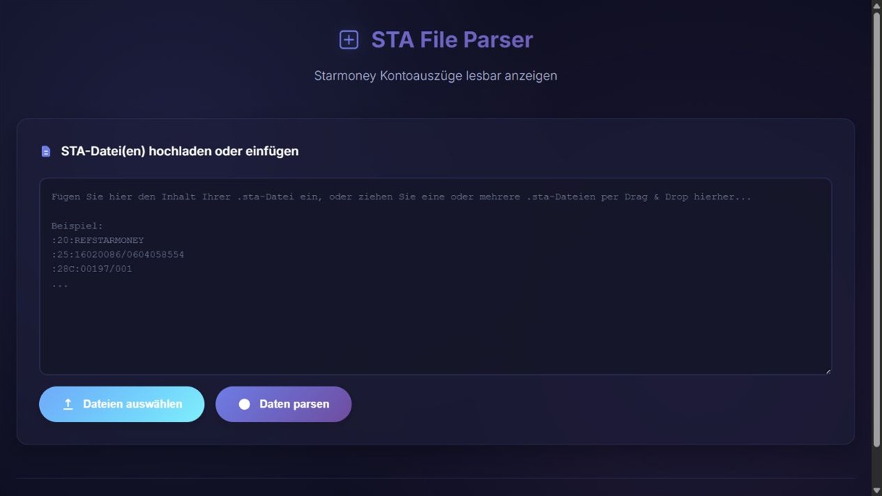 STA File Parser mit Eingabebereich und Schaltflächen zum Laden und Auswerten einer Kontoauszugsdatei.