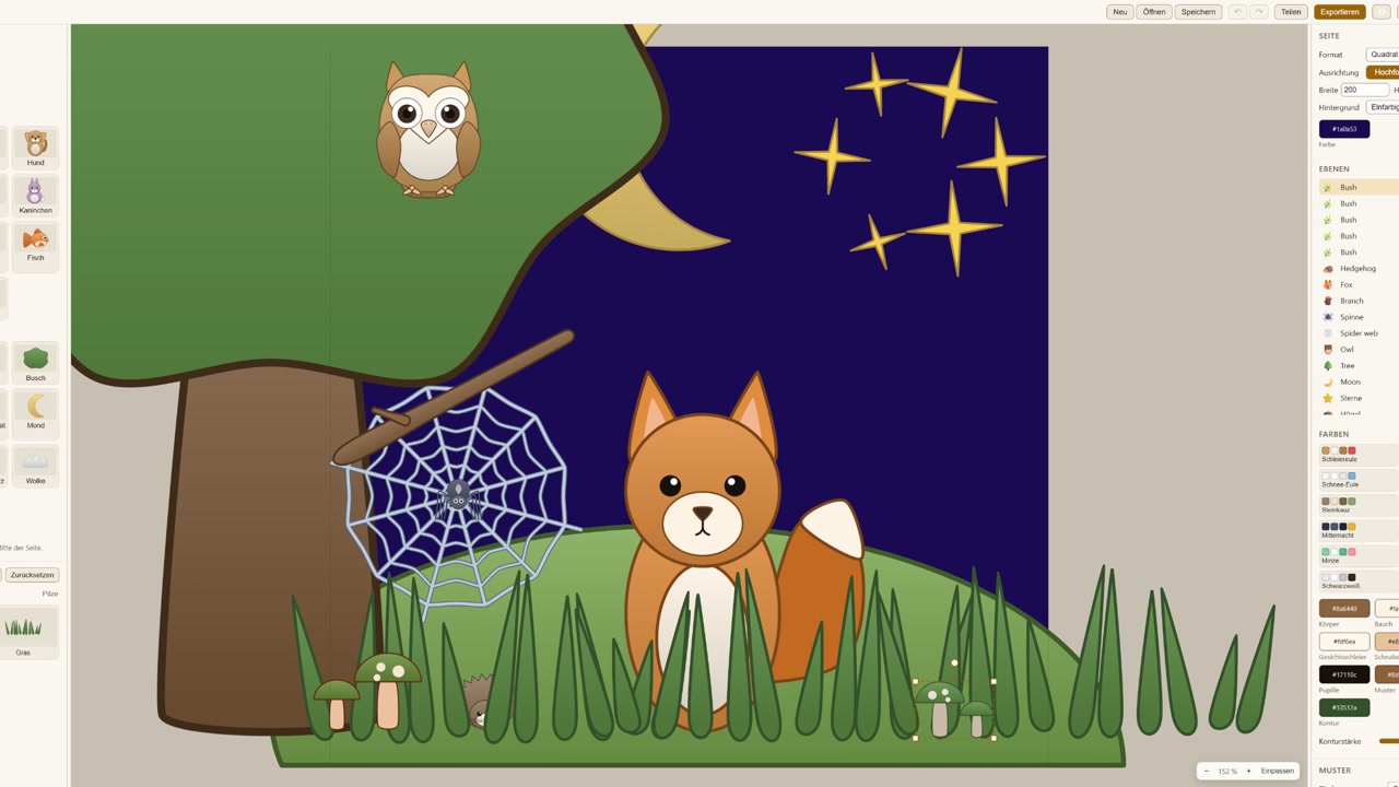 واجهة Owl Designer تعرض لوحة حيوانات وأدوات الأجزاء والألوان والطبقات.
