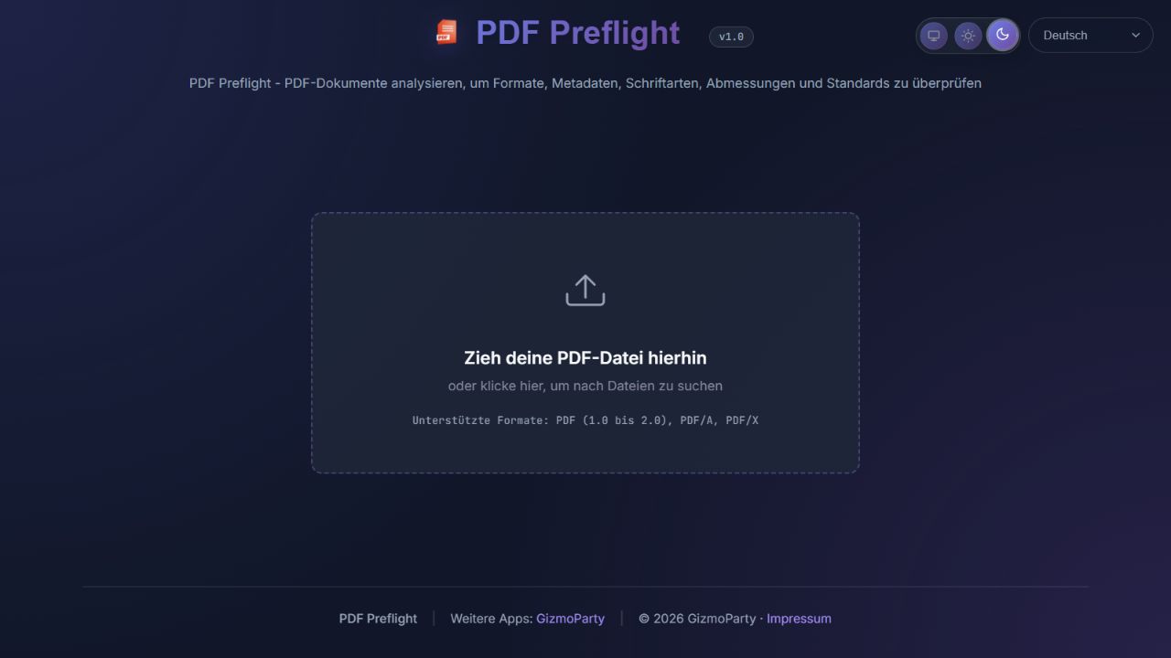 PDF Preflight mit Upload-Bereich für PDF-, PDF/A- und PDF/X-Dokumente.
