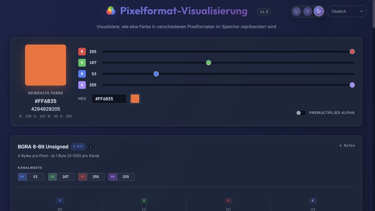 Pixel Format Visualizer with RGBA color controls and the memory layout of a BGRA pixel.