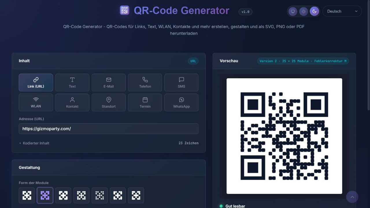 واجهة QR-Code Generator تعرض عنوان موقع ووحدات بزوايا مستديرة ومعاينة لرمز QR.