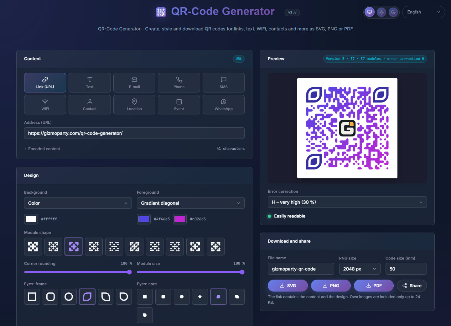 QR-Code Generator із налаштуваннями вигляду поруч із QR-кодом із плавних модулів, позначками-листками, градієнтом індиго–пурпур і логотипом у центрі.