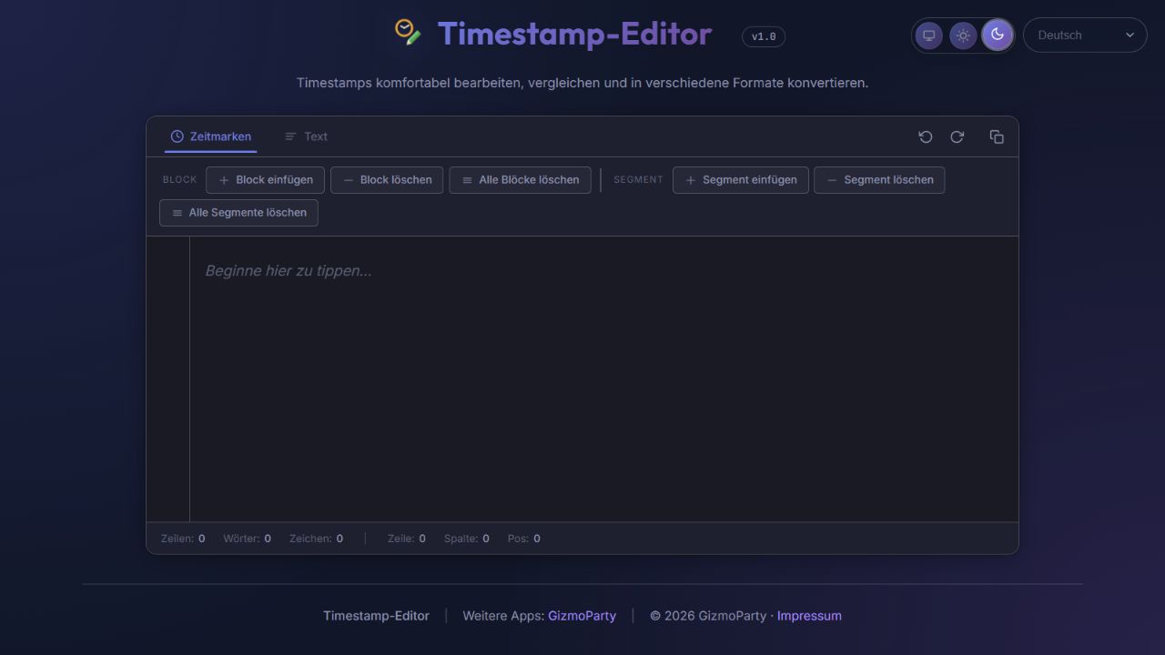 Timestamp-Editor mit Werkzeugleiste und leerer Bearbeitungsfläche für Zeitmarken.