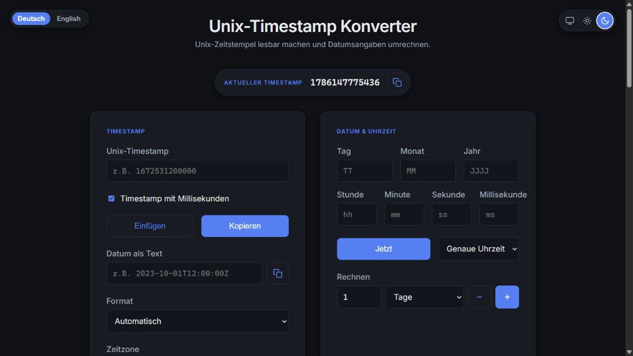 Převodník unixového času s aktuální hodnotou a poli pro zadání data a času.